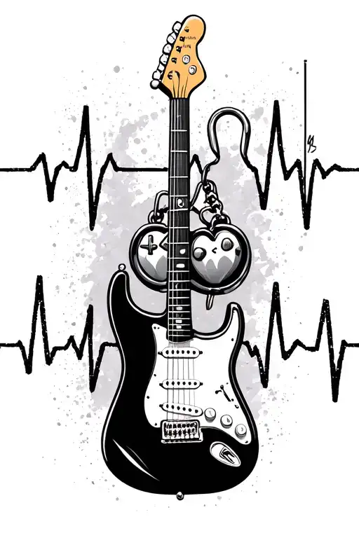 fender stratocaster, heartbeat, fishing hook charm and playstation controller tattoo design idea