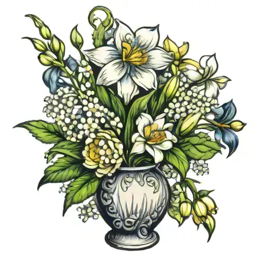 narcissus,lily of the valley,lily of the valley,lark,poppy chrysanthemum in a vase tattoo design idea