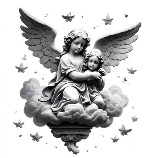 small angels floating on clouds stone statue style tattoo design idea