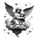 small angels floating on clouds stone statue style tattoo design idea