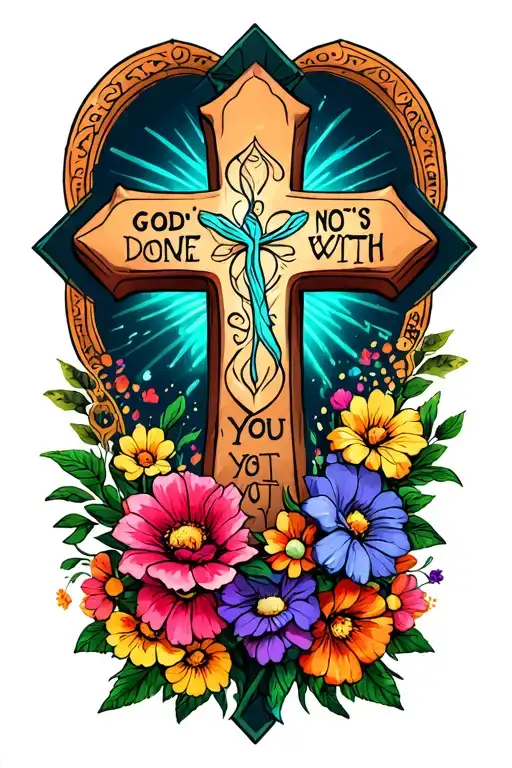 cross with flowers with the words God's not done with you yet tattoo design idea