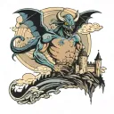 A flying demon holds a torn piece of earth with a medieval castle. The scene is dark, with a stormy sky in the backgroun tattoo design idea