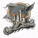 A flying demon holds a torn piece of earth with a medieval castle. The scene is dark, with a stormy sky in the backgroun tattoo design idea