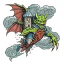 A flying demon holds a torn piece of earth with a medieval castle. The scene is dark, with a stormy sky in the backgroun tattoo design idea