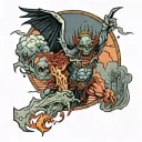 A flying demon holds a torn piece of earth with a medieval castle. The scene is dark, with a stormy sky in the backgroun tattoo design idea