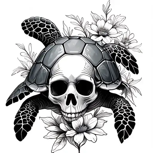 sea turtle with skeleton head and flowers growing tattoo design idea