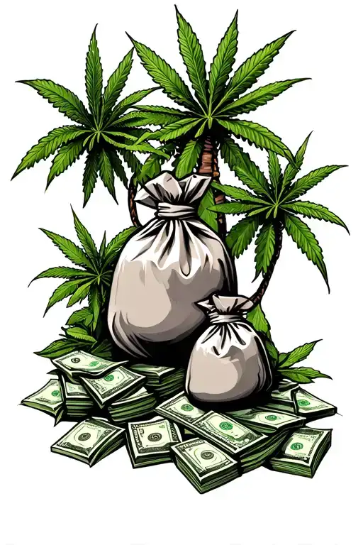 trap house to being rich money bags weed and palm trees tattoo design idea