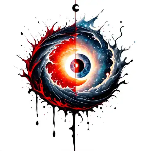 A swirling galaxy spiral with ethereal nebula clouds, split sun and crescent moon above, third eye rising from flames, s tattoo design idea