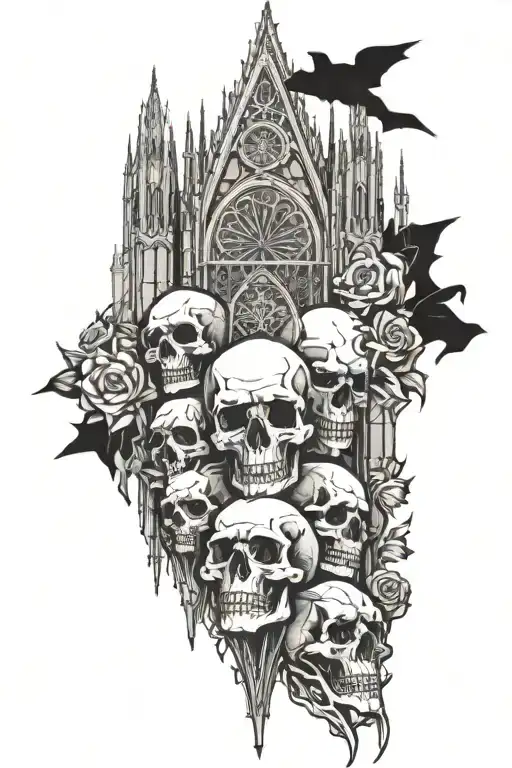 A gothic cathedral with stained glass windows depicting skulls tattoo design idea