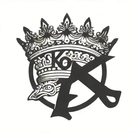 Circle, the word "Korneenkov" in the center of the circle, black letters, a crown on top of the circle, a diamond in the crown, black tones with white tattoo design idea
