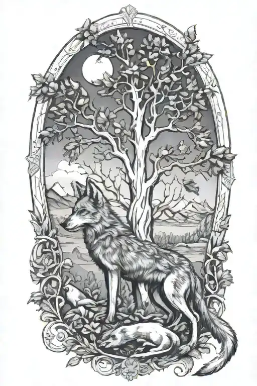 renaissance engraving of coyote and the tree of life tattoo design idea