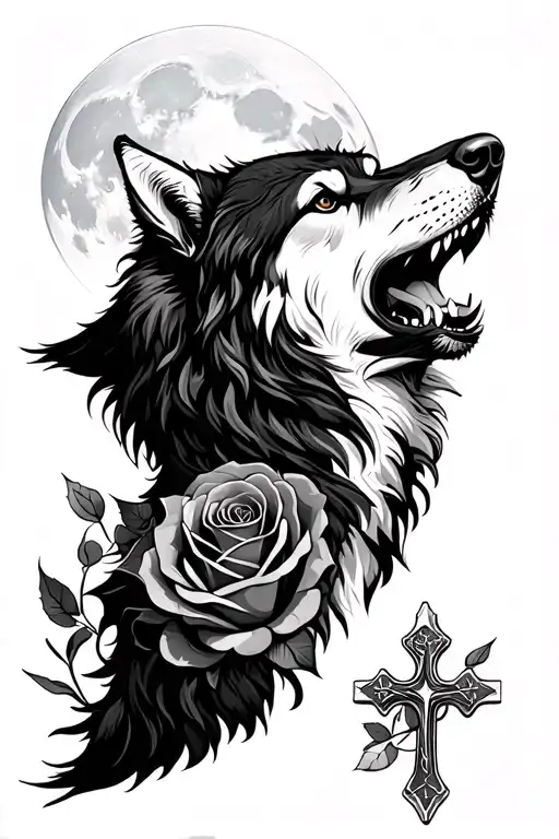 full sleeve wolf howling at the moon, full rose, christian cross tattoo design tattoo design idea