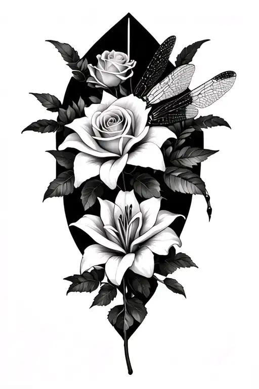 dragon fly, roses, star lily, oak tree tattoo design idea