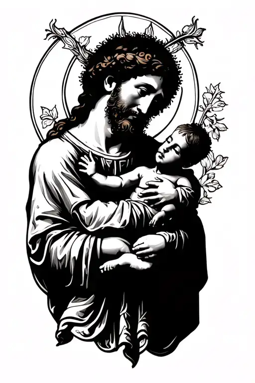 saint joseph hold baby jesus in his arms tattoo design idea