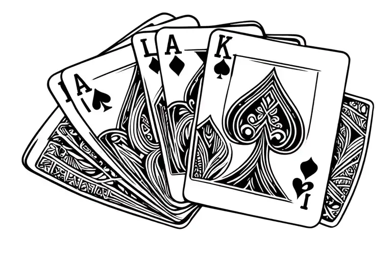 draw a clean black linework tattoo design of a deck of cards from which there are 5 cards coming out of it tattoo design idea