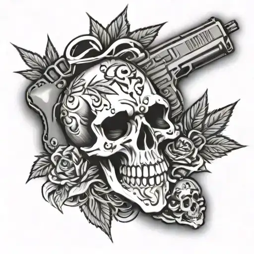 foot sleeve with skulls and guns and marijuana tattoo design idea
