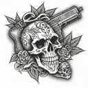 foot sleeve with skulls and guns and marijuana tattoo design idea