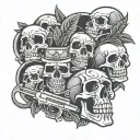foot sleeve with skulls and guns and marijuana tattoo design idea