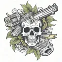 foot sleeve with skulls and guns and marijuana tattoo design idea