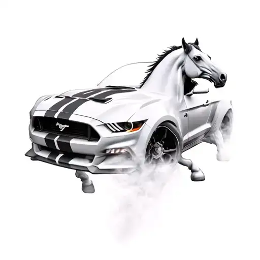 ford mustang logo with a 3d ghosted image of horse in the back ground on its hind legs front legs in the air positioned  tattoo design idea
