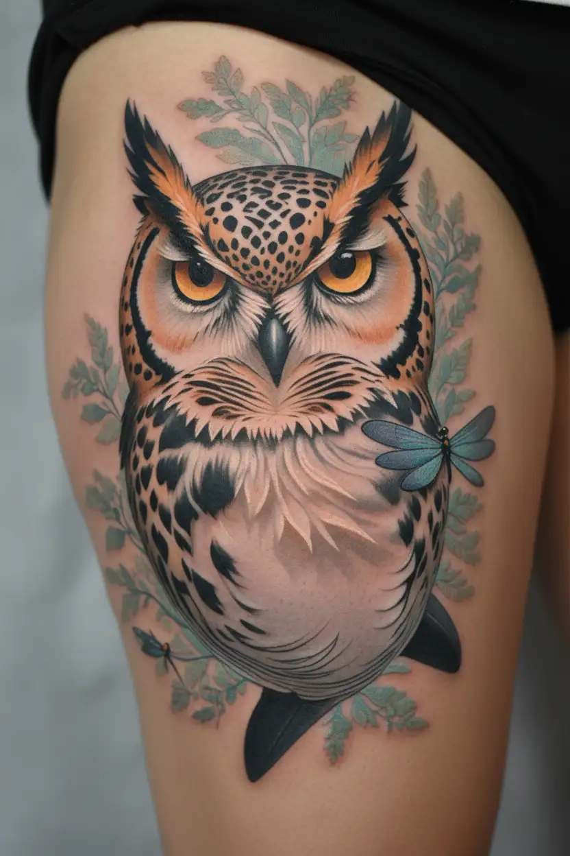 dolphin, owl, snow leopard, dragonfly, tattoo design idea