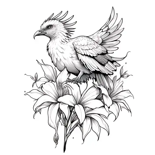 Phoenix perched on gladiolus flowers  tattoo design idea