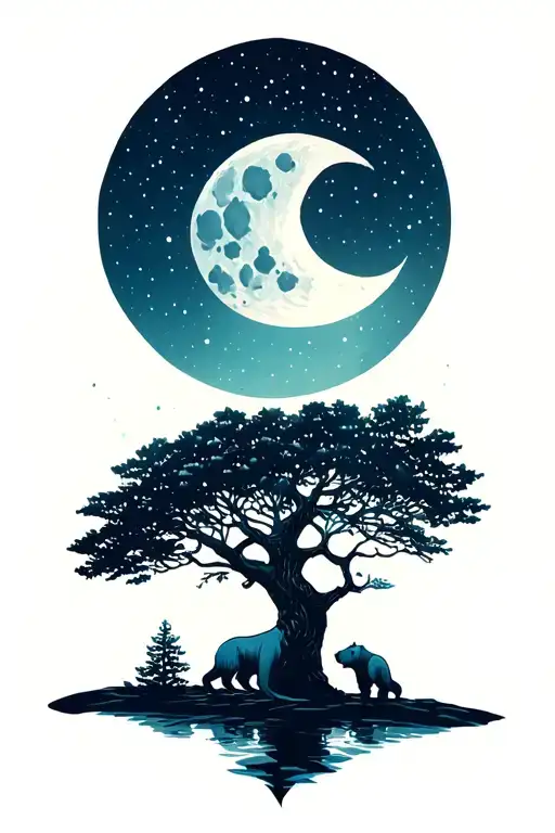 men half sleeve tree bear moon tattoo design idea