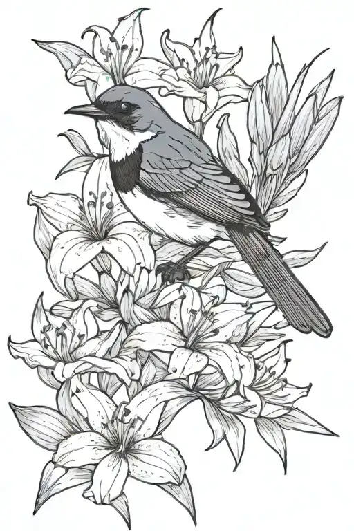 willie wagtail bird with tail flared and lily flowers. no background. some colour in bird and lilys but not too vibrant. tattoo design idea