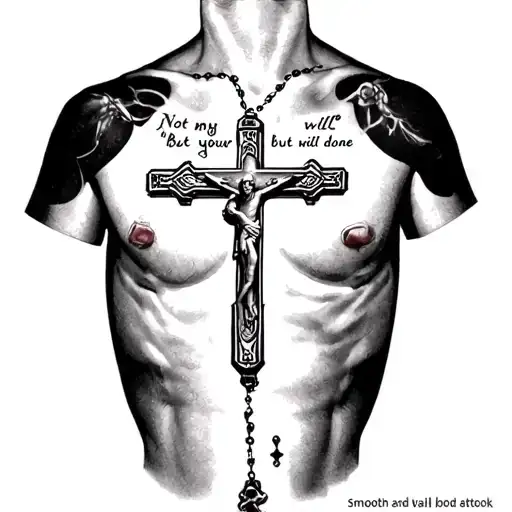 a full chest tattoo with a rosary coming down my chest with the verse “ not my will , but your will be done” as well as  tattoo design idea