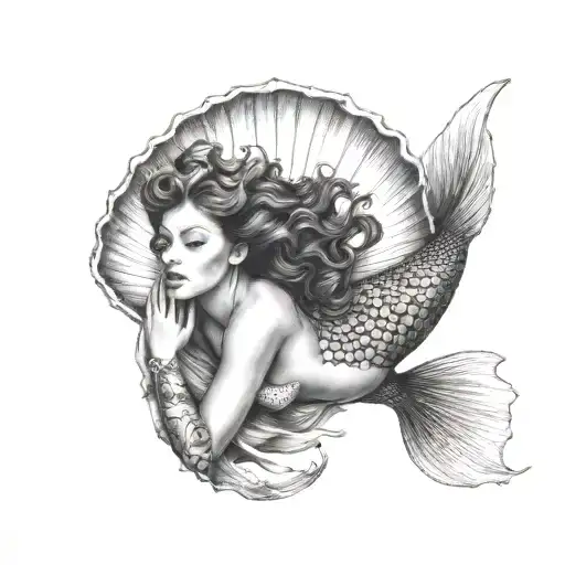 black mermaid in clam shell tattoo design idea