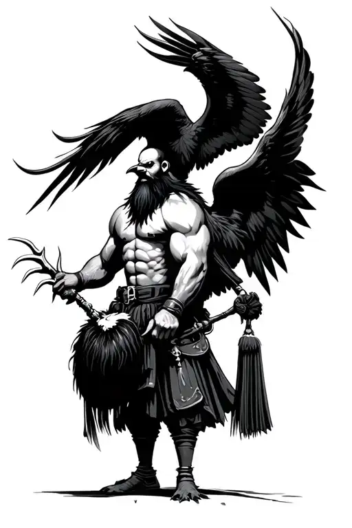 muscular bagpiper bald black beard black huge wings on his back flying crow with claws tattoo design idea