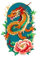sleeve with dragon in color and leopard print peonies and flames tattoo design idea
