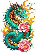 sleeve with dragon in color and leopard print peonies and flames tattoo design idea