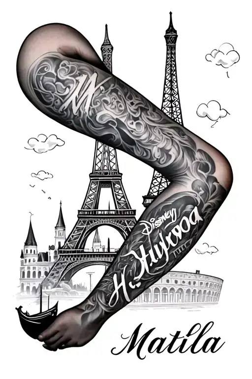 Full Leg sleeve tattoo with eiffel tower, colosseum, gondola, Disney castle and hollywood sign, with the name Matilda  tattoo design idea
