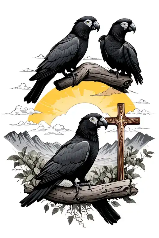 three yellow tail black cockatoos, mountains in the background. morning sun and clouds with the catholic cross in front  tattoo design idea