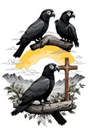 three yellow tail black cockatoos, mountains in the background. morning sun and clouds with the catholic cross in front  tattoo design idea