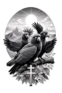 three yellow tail black cockatoos, mountains in the background. morning sun and clouds with the catholic cross in front  tattoo design idea