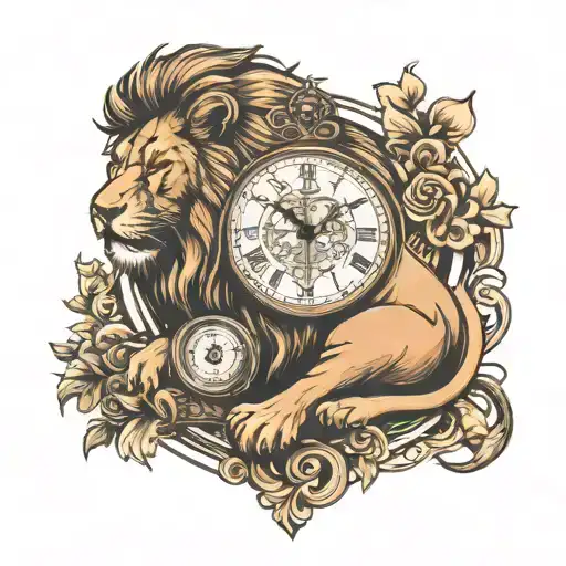 lion with clock with date of birth tattoo design idea