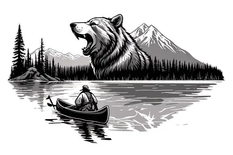 bear head roaring and wolf howling on sides, mountains in background, lake with native american in canoe in foreground tattoo design idea