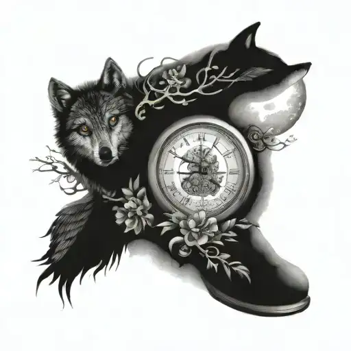tree path moon clock boot book owl snake flower compass night pack of wolves tattoo design idea