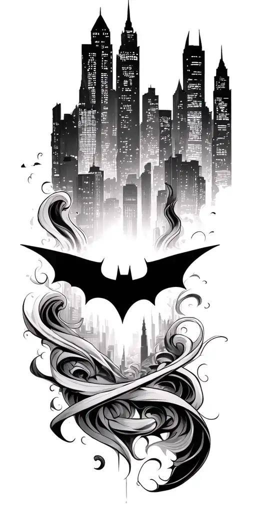 Gotham city skyline with bat symbol in the middle surrounded tattoo design idea