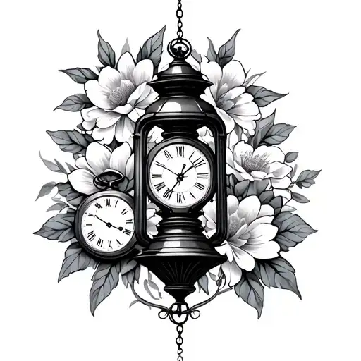 gothic lantern surrounded by flowers with two pocket watches included  tattoo design idea