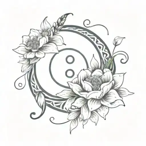 yin yang with bandana patterns inside and flower bouquet tattoo design idea