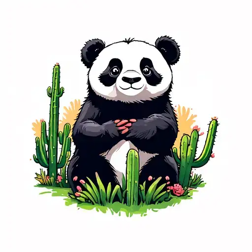 panda in a field of cactus tattoo design idea