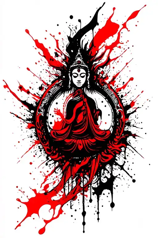 Design of the entire sleeve (right hand)-BW with red elements: --- upper part of the sleeve (arm, upper arm): large round dharma tattoo design idea