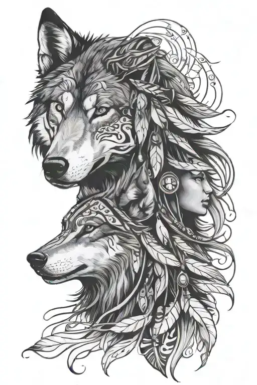 native american wolf and woman tattoo design idea