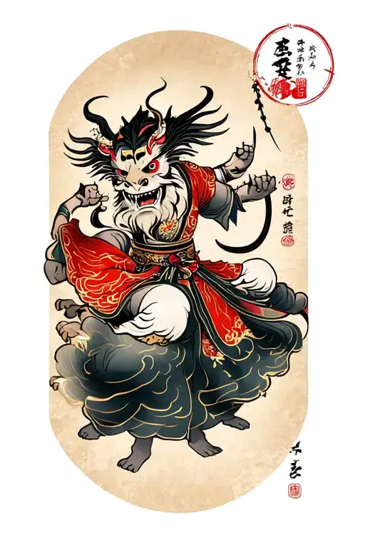 japanese samuri vanquishing a demon tattoo design idea