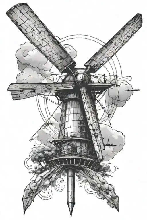 fly fishing scene wind turbine standing tall tattoo design idea