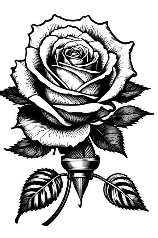Design a blackwork tattoo of a rose morphing into NF's microphone tattoo design idea