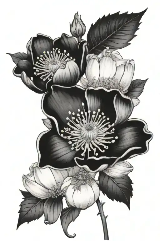 fine line tattoo poppy, chrysanthemum,holly berry, water lily, and lilly of valley all in a bouquet tattoo design idea